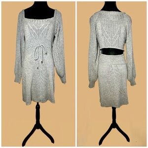 Venus Gray Cable Knit Sweater Dress, Balloon Sleeves, Cut-Out, & Square Neck, XS